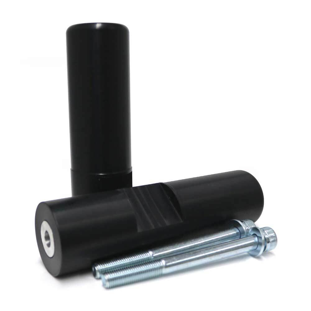 Black SHOGUN Body Frame Sliders designed for motorcycle protection, shown mounted on a bike.