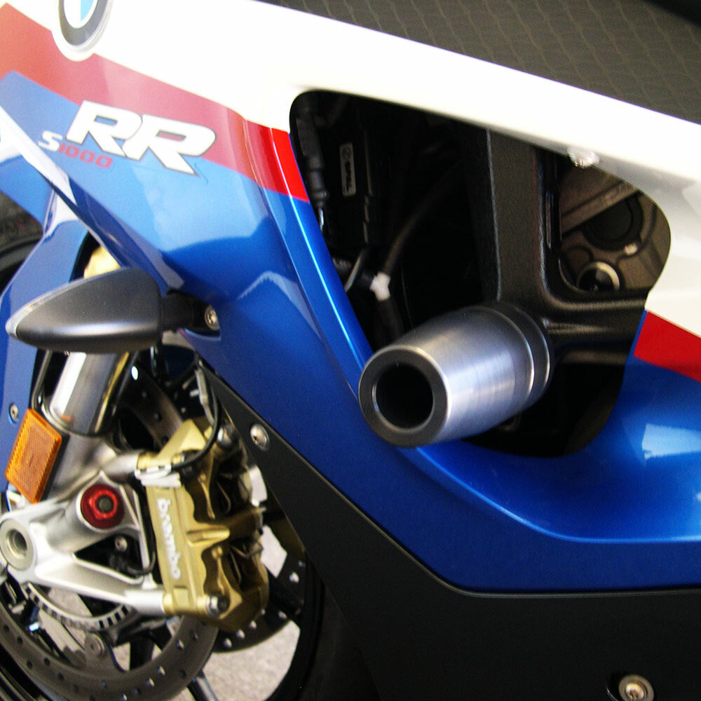 Black SHOGUN Frame Sliders for motorcycle body protection, designed without cutouts for durability and style.