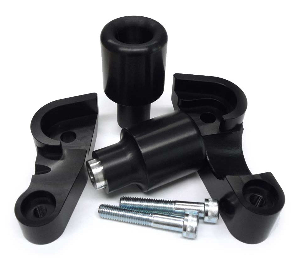 Black Shogun Frame Sliders for body protection on motorcycles, no cut design, durable and sleek for added safety.