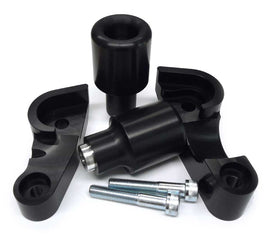 Black Shogun Frame Sliders for body protection on motorcycles, no cut design, durable and sleek for added safety.
