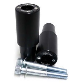 SHOGUN PA2 frame sliders for motorcycle body protection, no cut required, mounted on bike frame for impact absorption and safety.