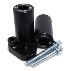 SHOGUN PA2 body frame sliders with no cut design for motorcycle protection, shown installed on a bike frame.