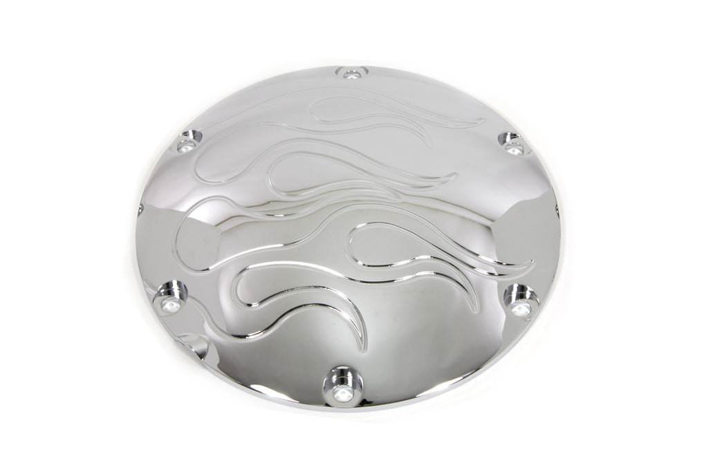 Chrome Flame Derby Cover for drive line by Sputhe, featuring a stylish flame design on a durable metal cover.