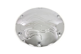 Chrome Flame Derby Cover for drive line by Sputhe, featuring a stylish flame design on a durable metal cover.