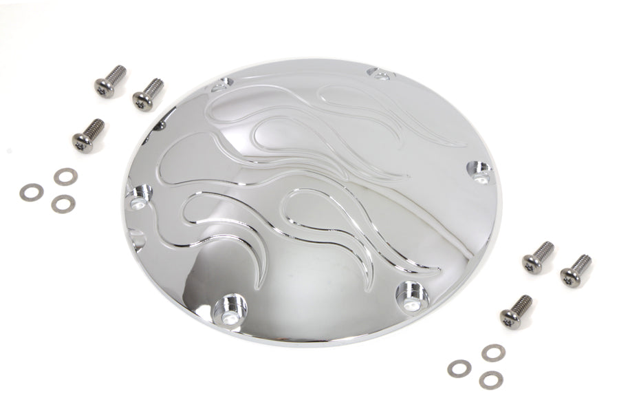 Chrome Flame Derby Cover for Sputhe Drive Line, with a stylish fiery flame design on a durable motorcycle derby cover.