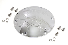 Chrome Flame Derby Cover for Sputhe Drive Line, with a stylish fiery flame design on a durable motorcycle derby cover.