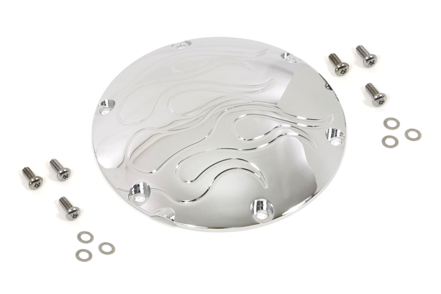 Chrome Flame Derby Cover for Drive Line by Sputhe, featuring a stylish flame design and durable chrome finish.