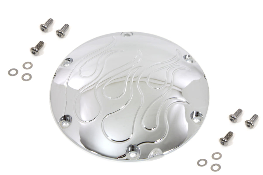 Chrome Flame Derby Cover for Drive Line by Sputhe, featuring a sleek flame design on a durable motorcycle drive line cover.