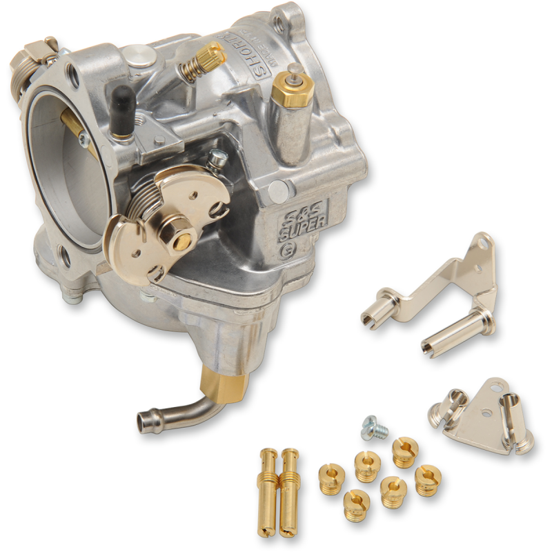 Black S&S Cycle Super G Series carburetor for Harley Davidson models, fuel system component with standard bore.