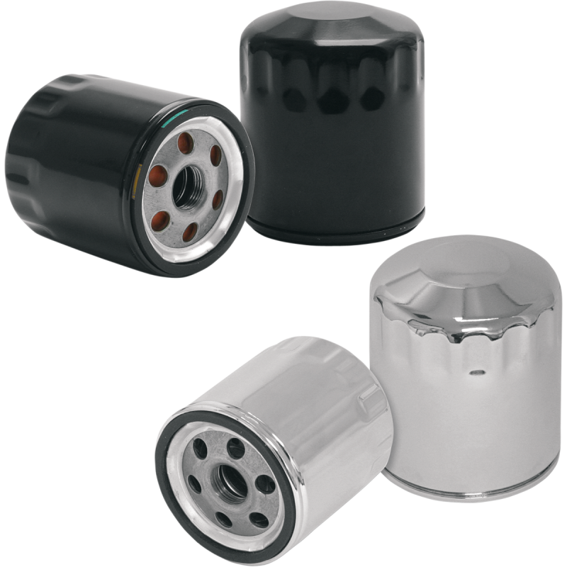 Black S&S Cycle oil filter for Harley Twin Cam models, designed for easy installation and reliable engine protection.