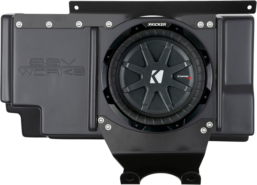 Behind seat view of SSV Works 10-inch Kicker subwoofer for audio system in a vehicle.