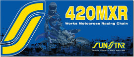 Sunstar MXR Works non-sealed chain 420x126 gold-colored, durable motorcycle chain with intricate links and branding details.
