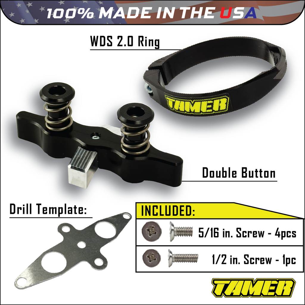 Tamer Double Button Holeshot Device suspension component for off-road motorcycles, black with dual buttons and mounting hardware.
