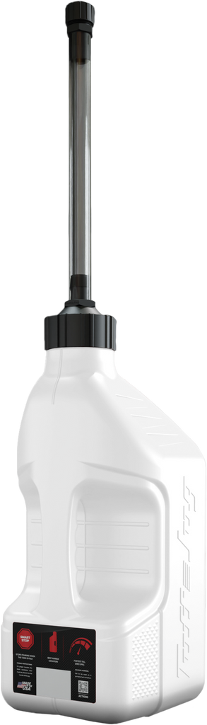 White TUFF JUG 2.5-gallon utility container with autostop spout for easy pouring and secure storage.