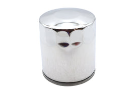 Chrome Ultima Microglass Spin-On Oil Filter attached to an oil tank for motorcycle or automotive use.