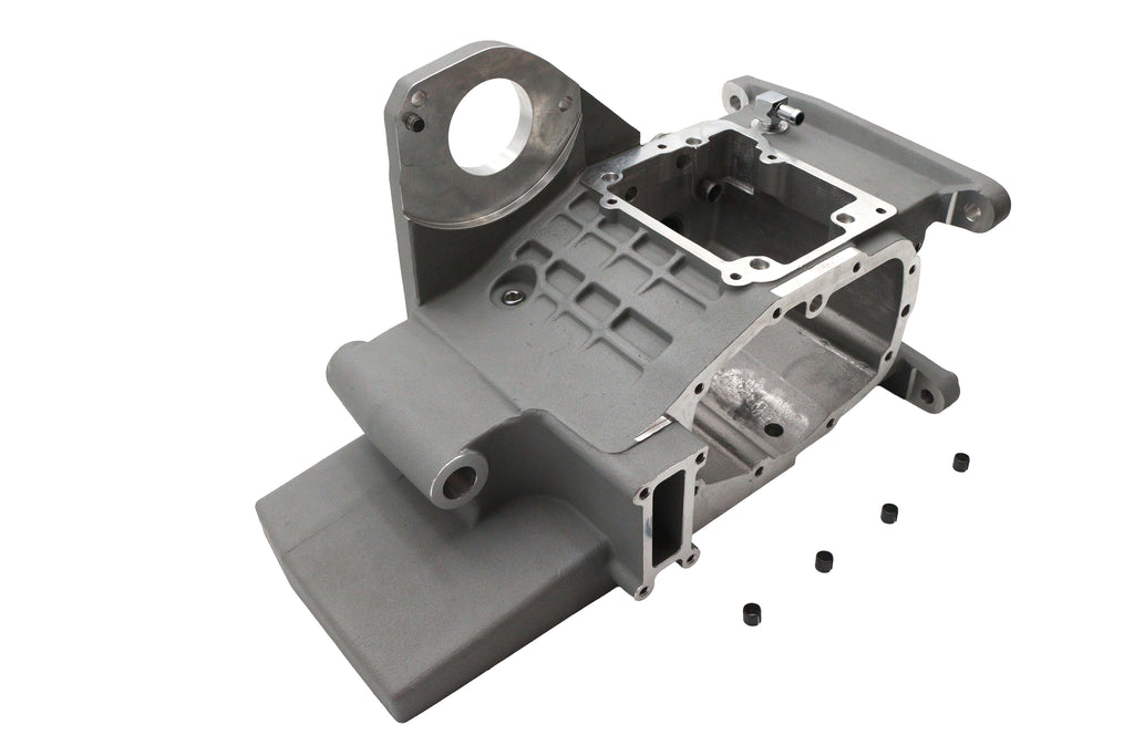 Silver Ultima 6-speed transmission case, durable metal housing for automotive transmission systems.
