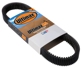 Ultimax UA Drive Belt 21-493 showing a black rubber belt with reinforced edges and pulley attachments for industrial use.