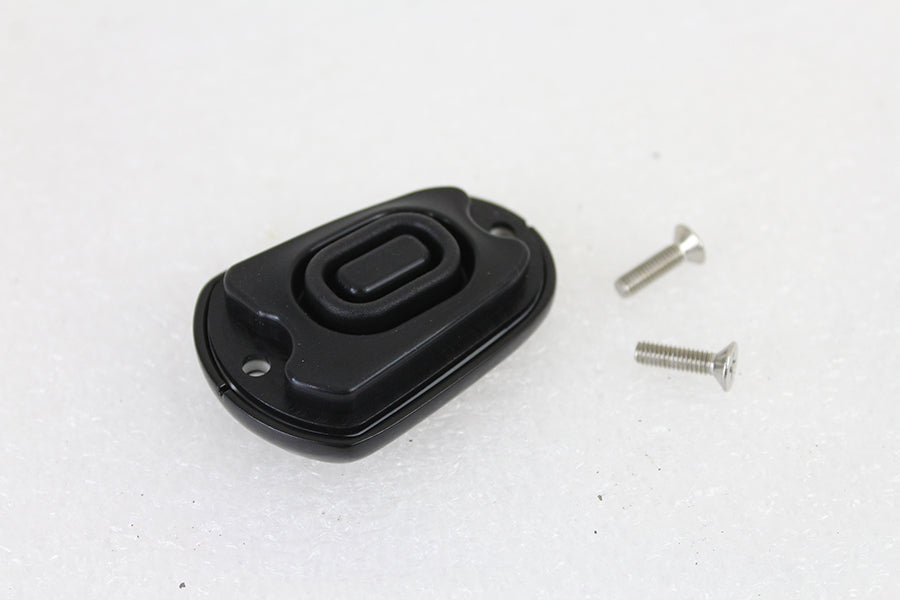 V-Twin rear brake master cylinder cover in black, designed for motorcycle brake system, featuring a sleek and durable finish.