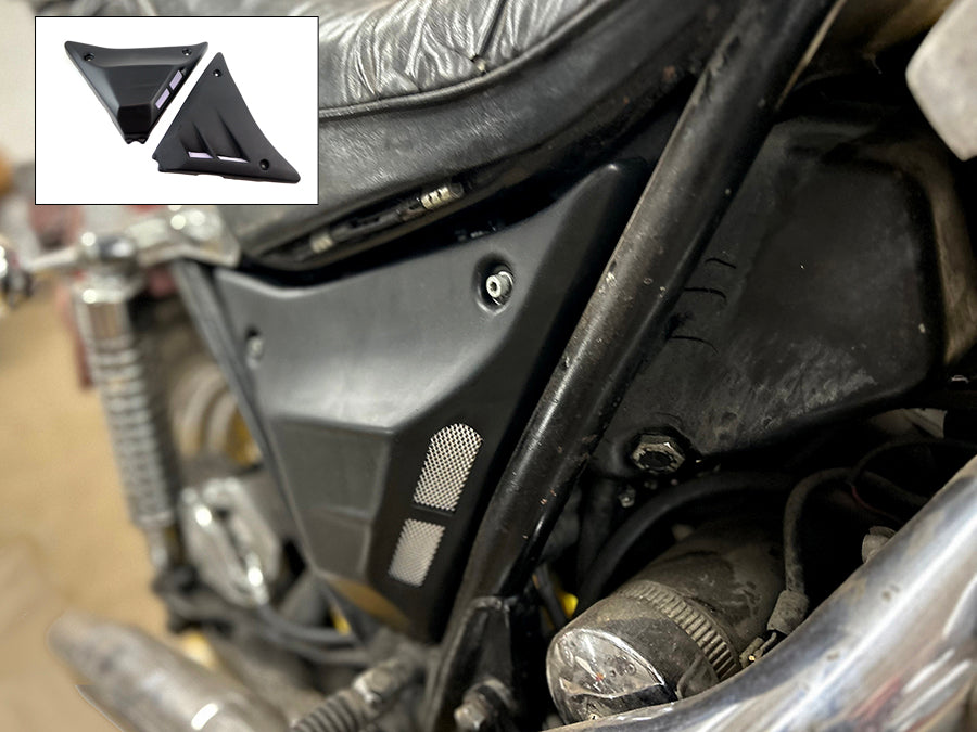 V-Twin FXR chassis vented side cover set with metal construction, designed for motorcycle frame styling and protection.