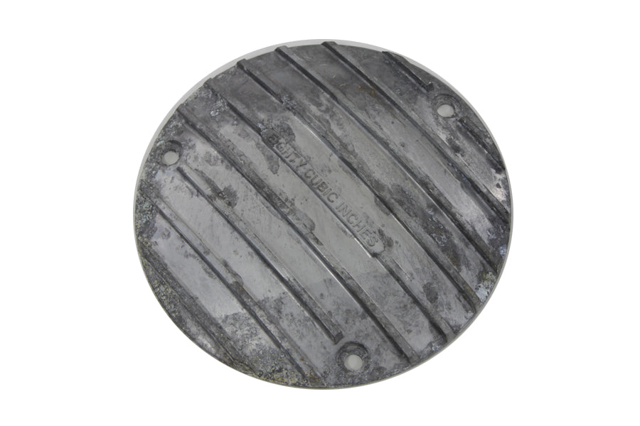 V-TWIN 80 Natural Alloy Derby Cover for drive line, showcasing polished metal finish on motorcycle engine component.