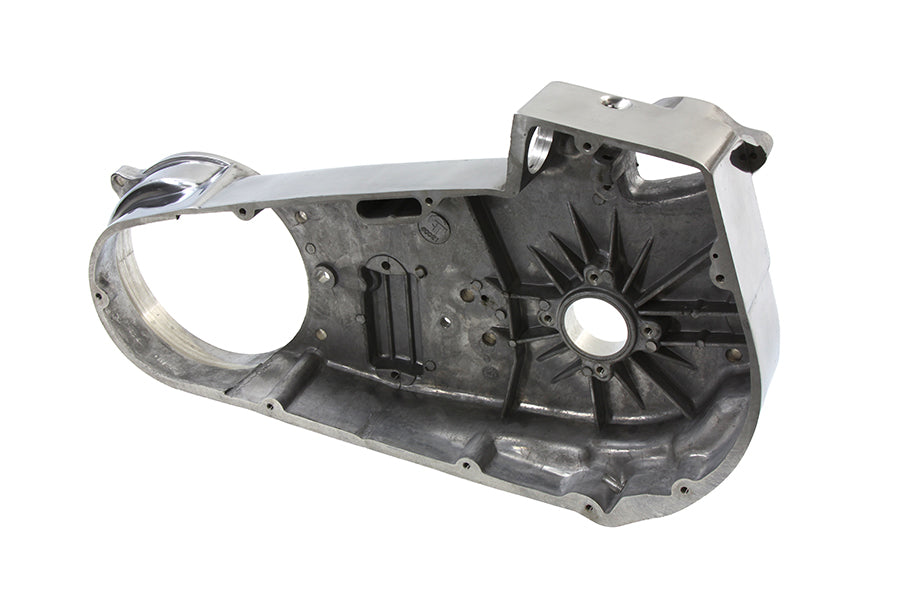 V-TWIN aluminum inner primary cover for drive line, showcasing the sleek, durable metal component on a motorcycle.
