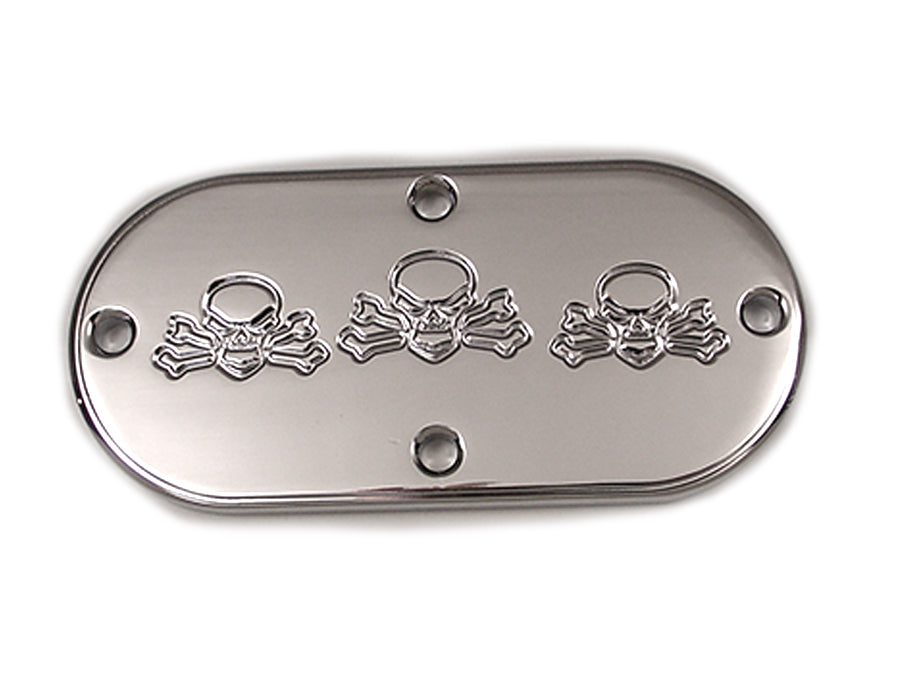 Chrome V-Twin Bonehead Skull Inspection Cover for drive line, featuring a detailed skull design, enhances motorcycle engine aesthetics.