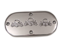 Load image into Gallery viewer, Chrome V-Twin Bonehead Skull Inspection Cover for drive line, featuring a detailed skull design, enhances motorcycle engine aesthetics.
