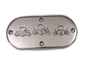 Chrome V-Twin Bonehead Skull Inspection Cover for drive line, featuring a detailed skull design, enhances motorcycle engine aesthetics.