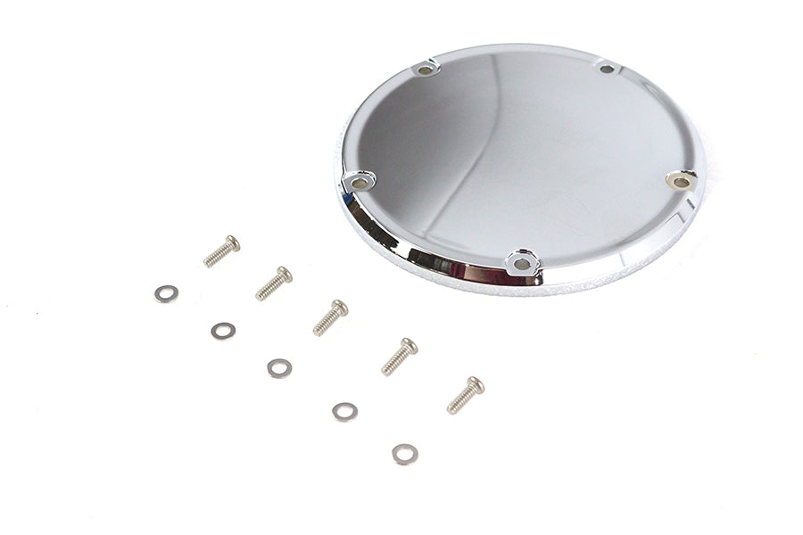 V-Twin chrome 5-hole smooth derby cover for drive line motorcycles, showcasing a polished, sleek design.