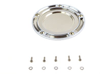 Load image into Gallery viewer, V-Twin chrome 5-hole smooth derby cover for drive line motorcycle, showcasing shiny, polished metal design.