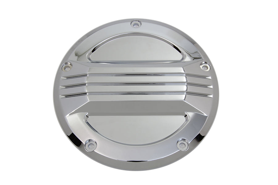 V-Twin Chrome Air Flow Derby Cover for drive line, showcasing polished chrome finish and detailed design for motorcycle engine protection.