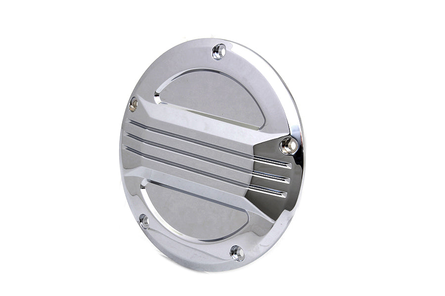 V-Twin chrome air flow derby cover for drive line, showcasing a shiny, polished finish on a motorcycle engine component.
