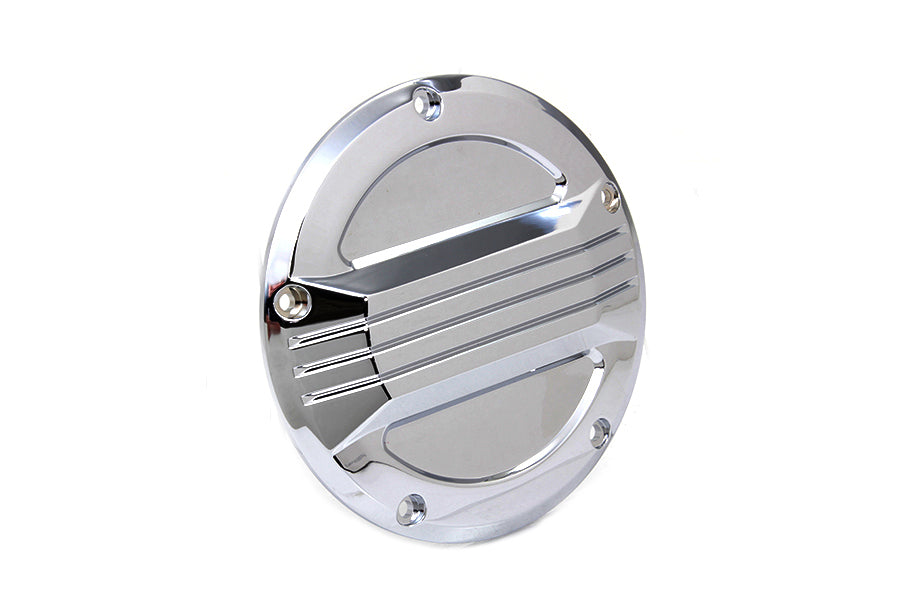 V-Twin chrome air flow derby cover for drive line motorcycle engine, featuring a sleek, polished chrome finish and detailed design.