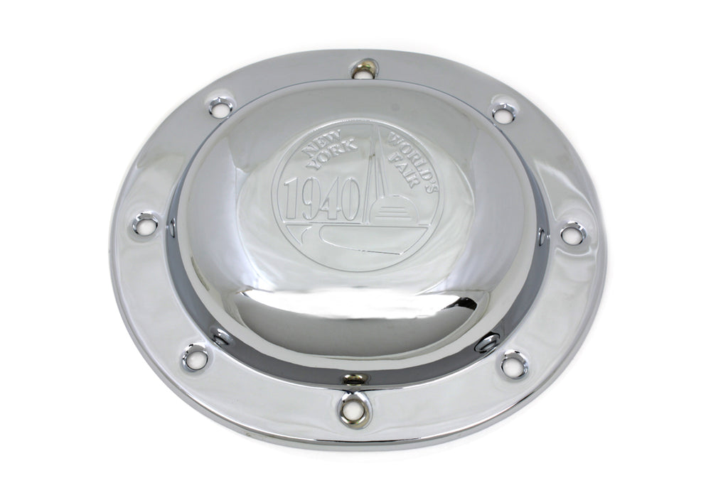 V-Twin Chrome Derby Cover for drive line, featuring World's Fair design, designed for V-Twin motorcycle models.