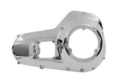 V-TWIN chrome outer primary cover for drive line, showcasing polished metal finish and detailed design on motorcycle engine part.