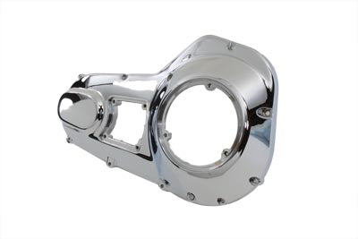V-TWIN chrome outer primary cover for drive line, showing polished metal finish and mounting details on a motorcycle.