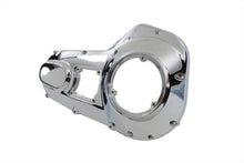 Load image into Gallery viewer, V-TWIN chrome outer primary cover for drive line, showing polished metal finish and mounting details on a motorcycle.