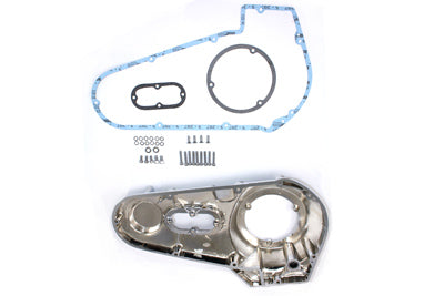 V-TWIN chrome outer primary cover kit for drive line, detailed view of the shiny chrome finish and mounting hardware on a motorcycle