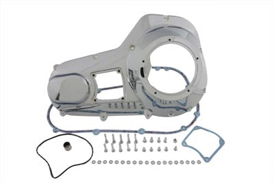 V-Twin chrome outer primary cover kit for drive line motorcycle, featuring polished metal finish and detailed design.