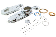 Load image into Gallery viewer, V-Twin chrome primary cover kit for drive line, featuring polished metal finish and detailed design on motorcycle engine component.