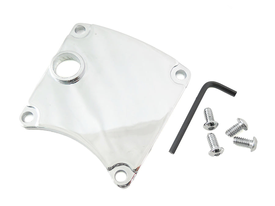 V-TWIN chrome primary inspection cover for drive line, with a shiny, polished finish and detailed branding on the cover.