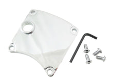 Load image into Gallery viewer, V-TWIN chrome primary inspection cover for drive line, with a shiny, polished finish and detailed branding on the cover.