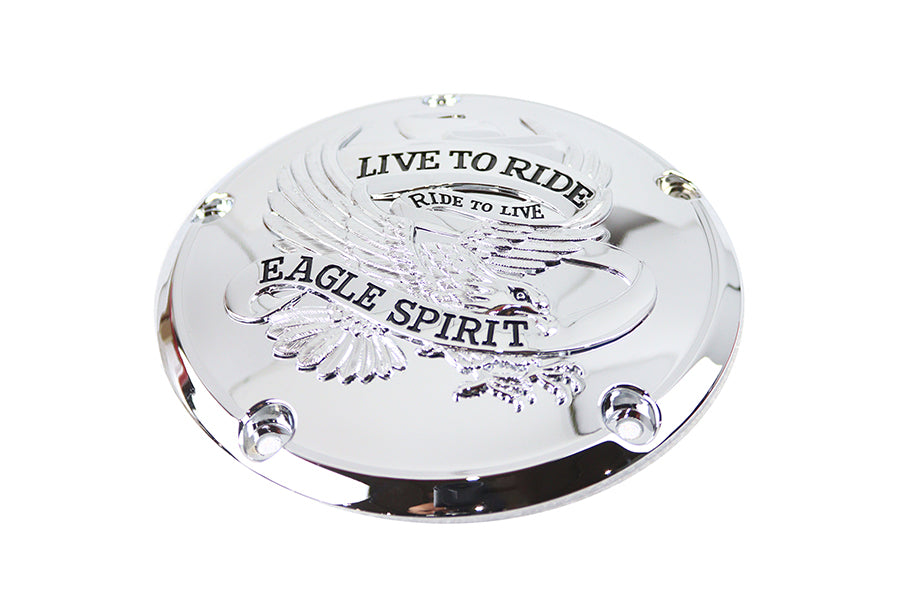 V-Twin Eagle Spirit Derby Cover in chrome for drive line motorcycle, featuring detailed eagle design and polished finish.