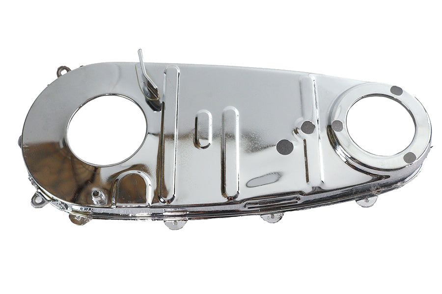 Chrome V-Twin Factory Sample Replica Inner Primary Cover for V-Twin drive line motorcycles, showcasing a polished, detailed metal finish.
