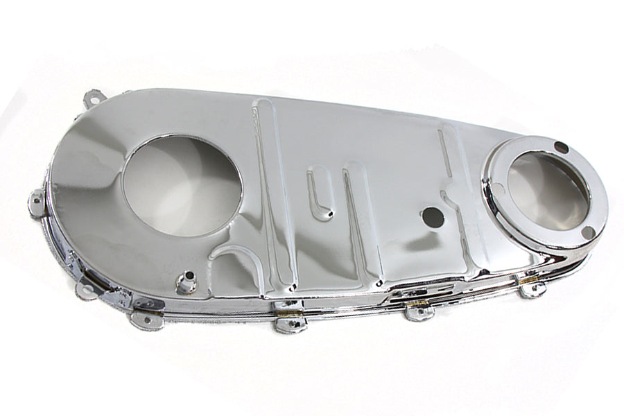 Chrome V-Twin Factory Sample Replica Inner Primary Cover for V-Twin drive line motorcycle, showcasing a polished, detailed design.