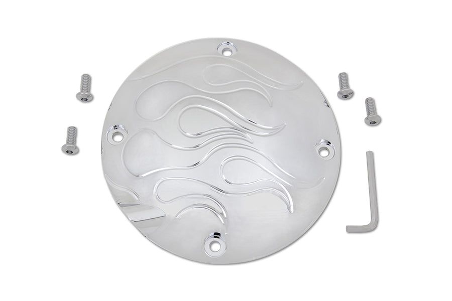 Chrome V-Twin Flame Clutch Inspection Cover for drive line, featuring a detailed flame design on a motorcycle clutch cover.