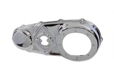 V-TWIN chrome outer primary cover for drive line, shiny and reflective motorcycle part with detailed branding and smooth finish.