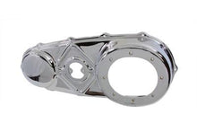 Load image into Gallery viewer, V-TWIN chrome outer primary cover for drive line, shiny and reflective motorcycle part with detailed branding and smooth finish.