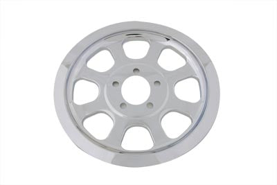 Chrome V-Twin Outer Pulley Cover with 70 teeth for drive line motorcycles, showcasing a shiny protective cover.