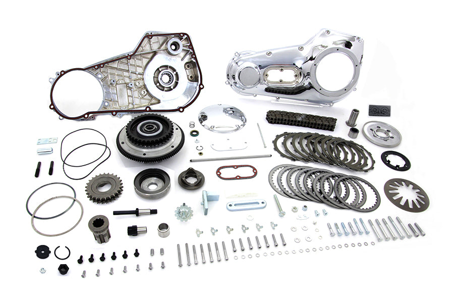 V-Twin Primary Drive Assembly Kit for V-Twin drive line, includes sprockets and clutch components on a black background.
